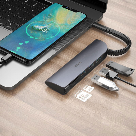 Переходник HOCO HB17 Easy , Разветвитель, Type-C - 3xUSB3.0 + SD/TF, 11 см, серый металлик