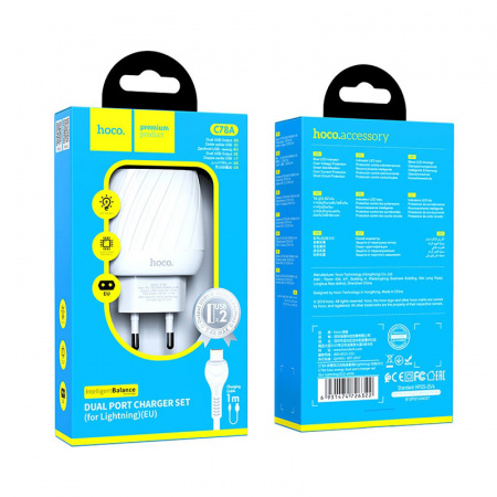 Зарядное устройство HOCO C78A Max energy, 2.4A, белый, кабель Lightning