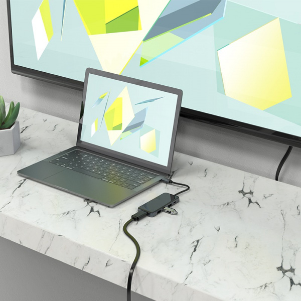 Переходник HOCO HB15 Easy Show, Type-C - 3xUSB3.0+ HDMI+PD, серый металлик